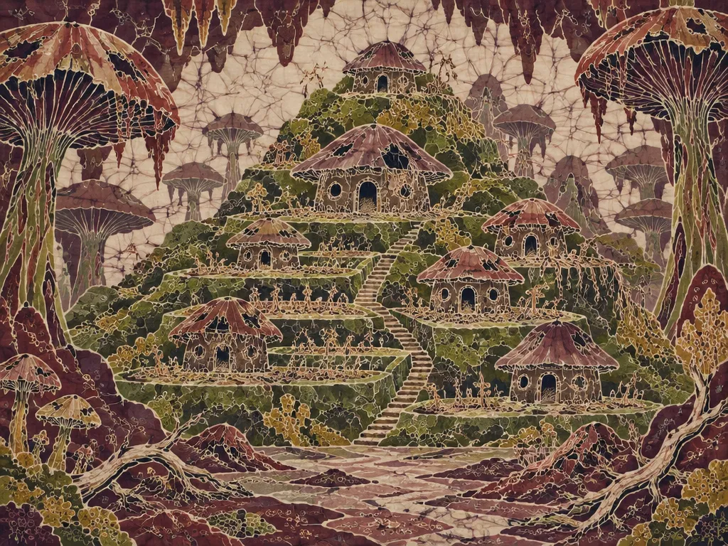 Greenfold layu: teras lumut abu-abu dan pondok kosong.