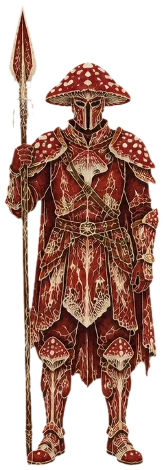 Penjaga Amanite Court berbaju zirah merah mengkudu dengan helm tudung bertotol dan tombak.