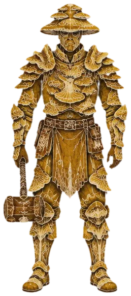 Tukang Shelfwright Guild berzirah jamur rak kuning kunyit dengan palu.