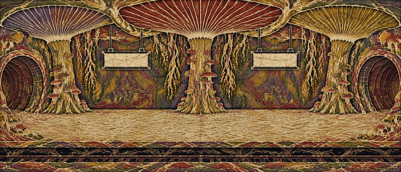 Kain batik: peron panjang di dalam terowongan akar, langit-langit insang jamur raksasa, dua papan rute kosong di dinding, dan kanal rel di depan.
