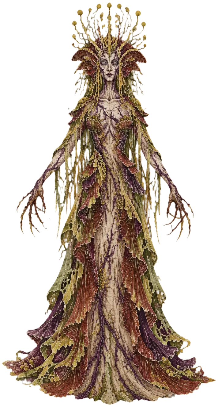 Rot Queen, sosok raksasa dari daging jamur busuk dengan jubah lendir dan hiasan kepala bercabang.